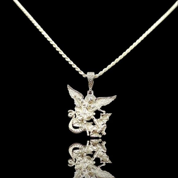 S925 Rhodium Finish St. Michael Angel - S925 Sterling Silver Rope Chain. - Picture 1 of 12